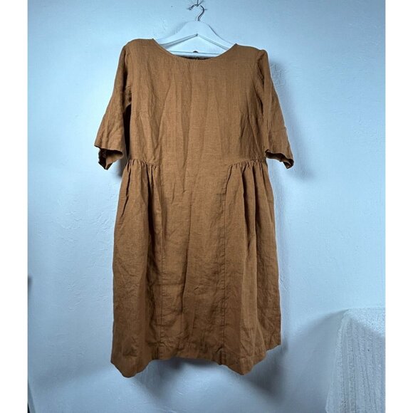 Magic Linen Womens Handmade Shift Dress Size XL Short Sleeve Pockets Tie back